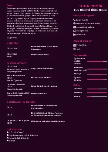 Fen Bilgisi Öğretmeni CV Örnekleri cv indir